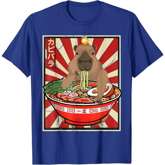 Kawaii bird Capybara Eating Ramen Noodles Anime Japanese Unisex T-Shirt for Men Women Kids Toddler,Royal Blue Color,Size M