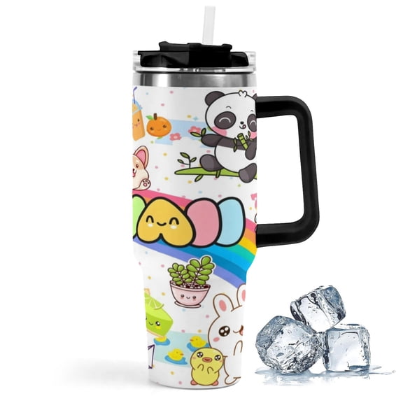 Kawaii-theme Insulated Stainless Steel Tumbler with Handle Gifts For Family Friends Fans and Straw Fits in Standard Cup Holder 40 OZ