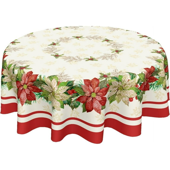 Kawani Christmas Round Tablecloth 60 Inch Red and White Christmas Floral Leaves Table Cloth Winter Xmas Farmhouse Polyester Table Cover for Holiday Kitchen Dining Room Party Indoor Outdoor Decor