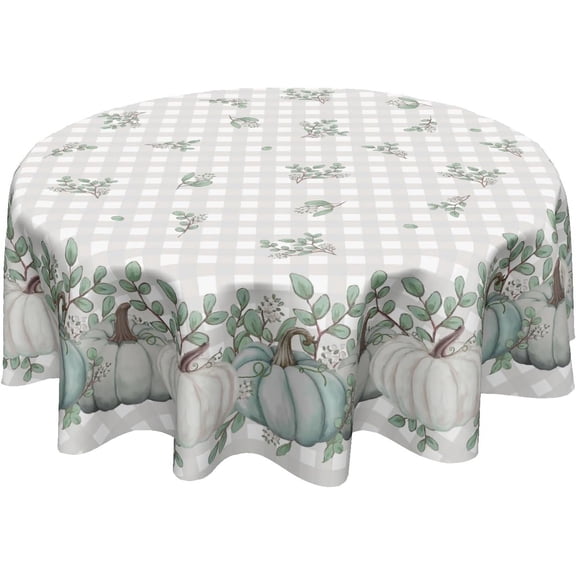 Kawani Fall Round Tablecloth 60 Inch Thanksgiving Blue White Pumpkins Buffalo Plaid Table Cloth Autumn Harvest Rustic Farmhouse Polyester Table Cover for Kitchen Dining Room Indoor Outdoor Decor
