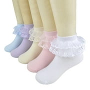 Kawell 5 Pairs Toddler Baby Girls Ruffle Lace Socks Cotton Frilly Ankle Soft Dress Kids Princess Socks 2-15T