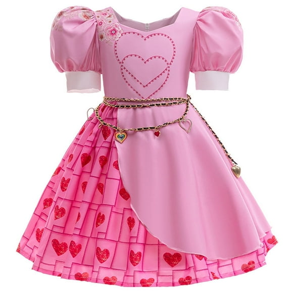KAWELL Pink Costume for Girls Halloween Kids Princess Rise Red Pink Heart Dress with Wig Clothes Outfit
