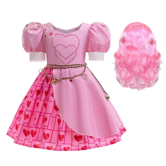 KAWELL Pink Costume for Girls Halloween Kids Princess Rise Red Pink Heart Dress with Wig Clothes Outfit