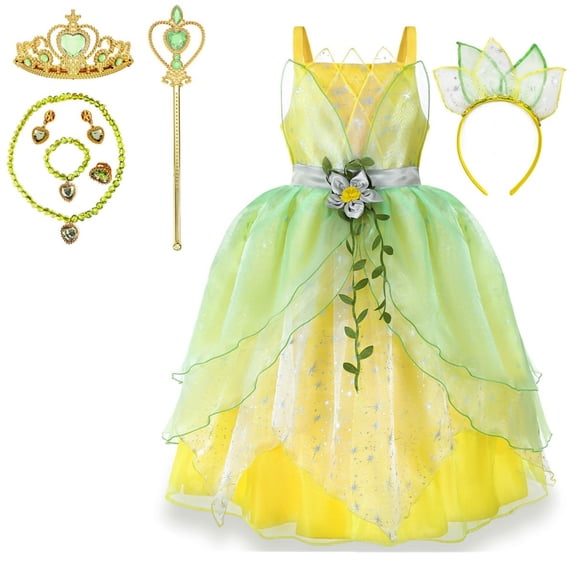 KAWELL Deluxe Princess Tiana Costumes Dress Up Fancy Gown Cosplay Halloween Party