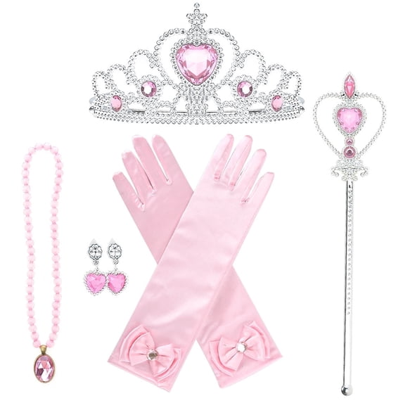 KAWELL Princess Dress Up Jewelry Dress Up Set Jewelry Accessories with Crowns, Necklaces, Wands, Gloves, Earrings (Pink 5pcs)