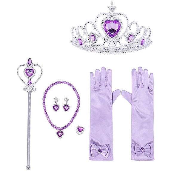 KAWELL Princess Dress Up Jewelry Dress Up Set for Jewelry Accessories with Crowns, Necklaces, Wands, Gloves, Earrings (Purple 5pcs)