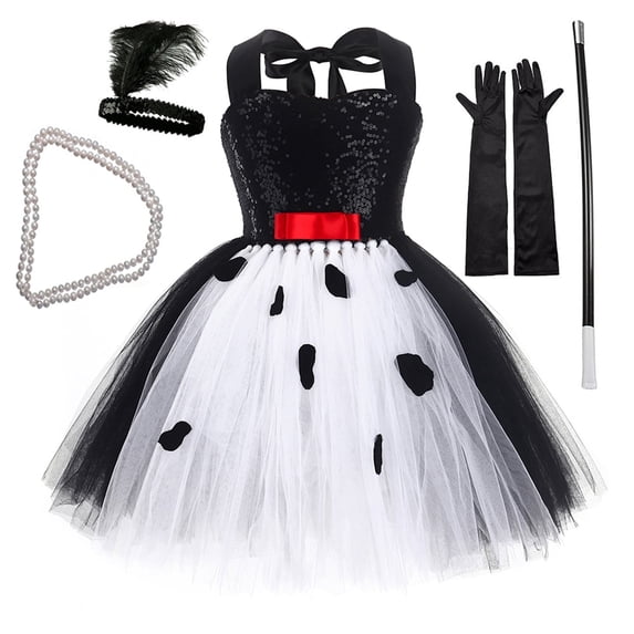 KAWELL Vintage Halloween Costume Dress Up Dalmatian DevilPrint Outfit with Accessories