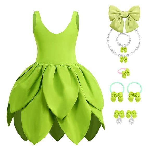 KAWELL Princess Green Fancy Fairy Costume for Girls Fancy Halloween Birthday Party Outfit Fairy Dress with Accessories