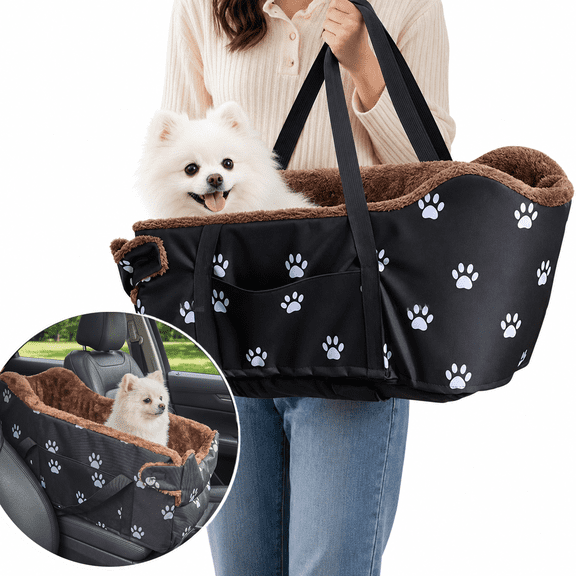 Kawiwi 2-in-1 Center Console Dog Car Seat and Pet Shoulder Carrier Bag, Warm Plush Car Seat Bed with Removable Reversible Cushion and Storage Pockets, for Small Dogs and Cats