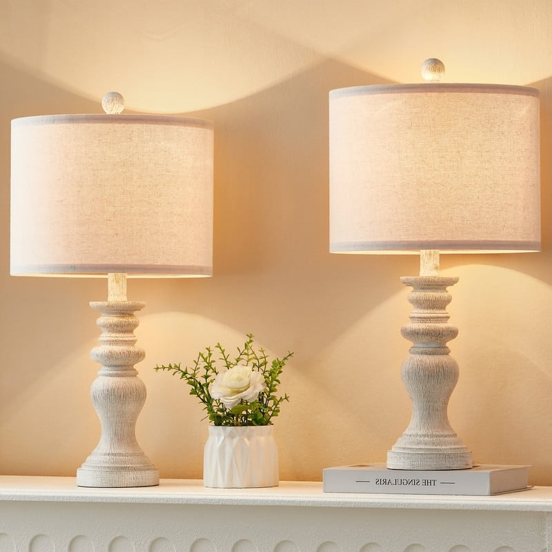 Distressed White Resin Farmhouse Table Lamp Set with Fabric Shade