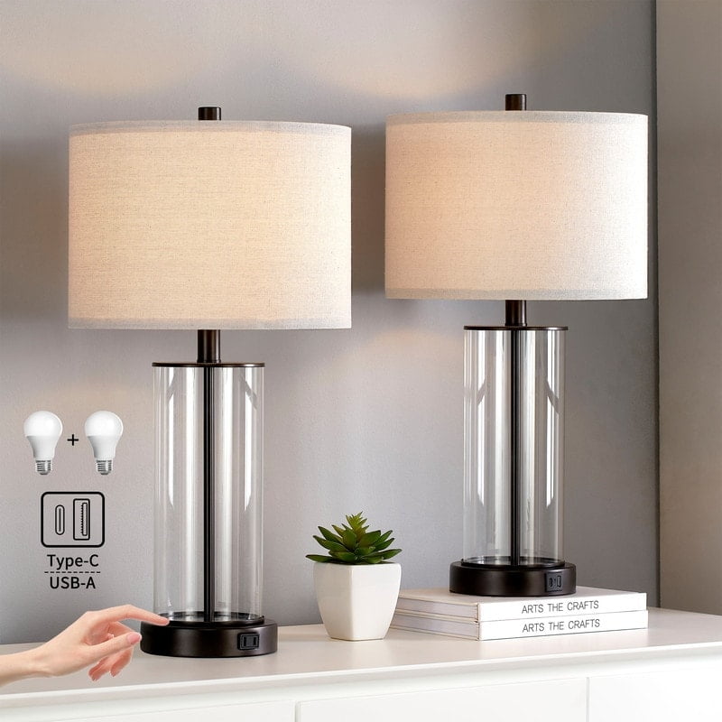 Bronze and Clear Glass Touch Control Table Lamp Set with USB Ports