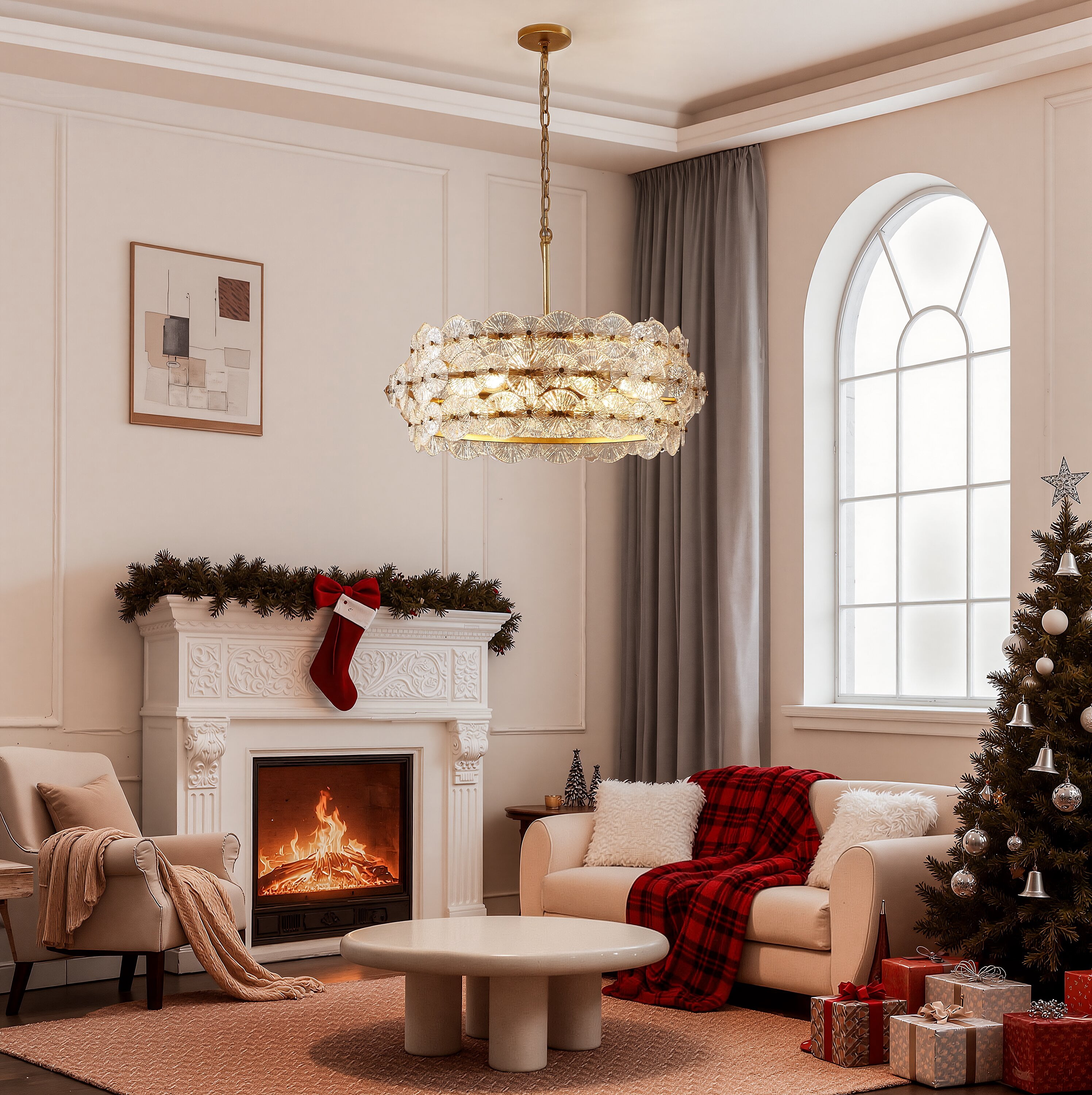 KAWOTI 6-Light Gold Glam Chandelier, DIY Island Pendant Light with Hand-Made Glass Discs for Living Room Dining Room Bedroom Hotel