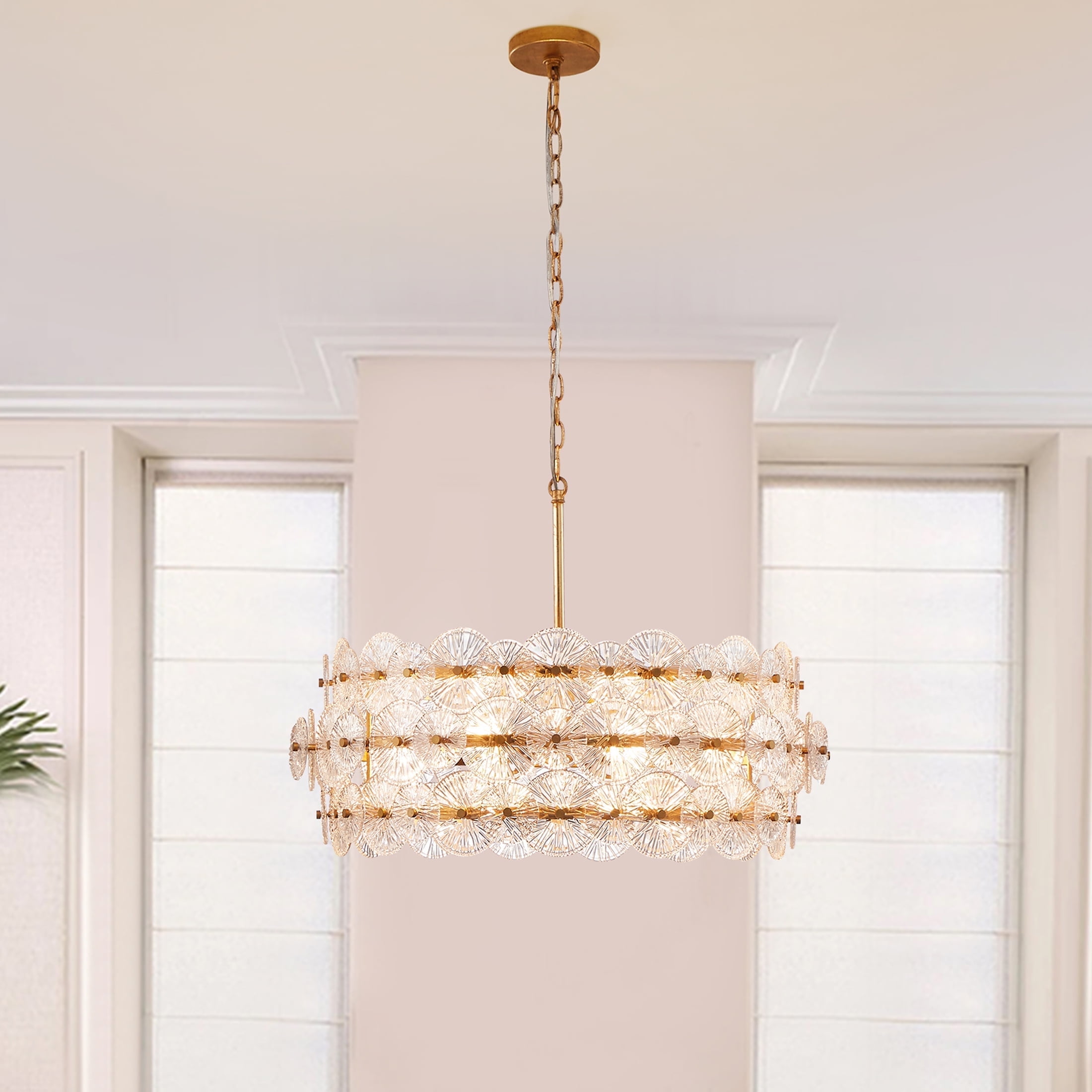 Gold Drum Chandelier with Hand-Made Glass Discs