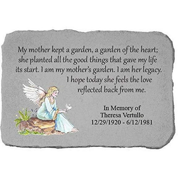 Kay Berry My Mother Kept a Garden. Personalized Fused Glass Memorial Stone with Colored Angel