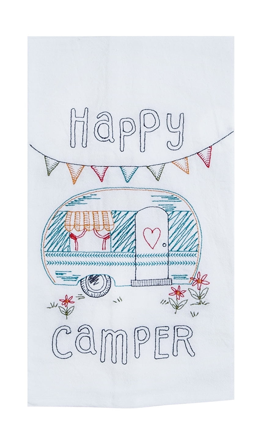 Happy Camper Embroidered White Cotton Flour Sack Towel