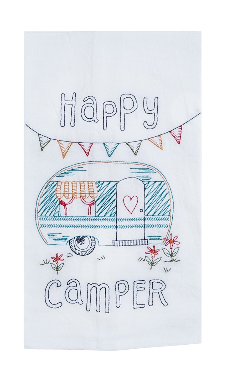 Happy Camper Embroidered White Cotton Flour Sack Towel