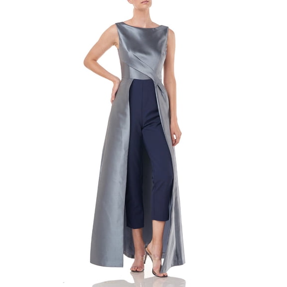 Kay Unger Boat Neck Sleeveless Pleated Zipper Back Walk-Through Twill Jumpsuit, Stretch Crepe Ankle Length Pant with Pockets-NILE BLUE MIDNIGHT / 2
