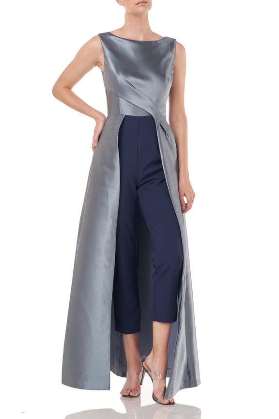 Boat Neck Sleeveless Pleated Zipper Back Walk-Through Twill Jumpsuit, Stretch Crepe Ankle Length Pant with Pockets-NILE BLUE MIDNIGHT / 2