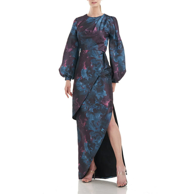 Kay Unger Crew Neck Pleated Shoulder Puffed Long Sleeve Open Slit Floral  Jacquard Dress-DEEP TEAL / 4 
