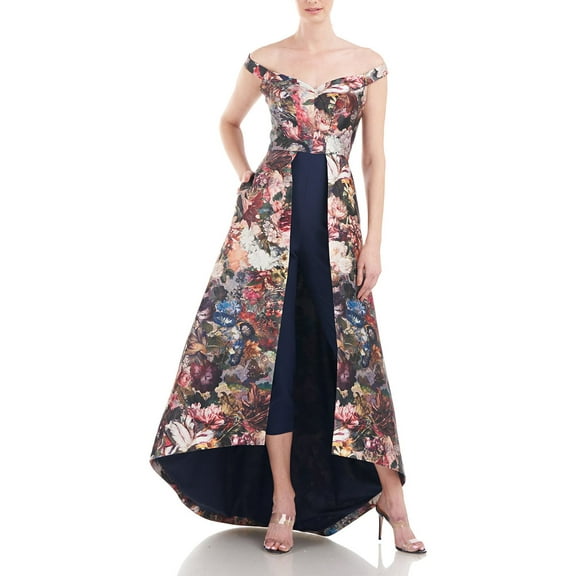 Kay Unger Off Shoulder Sleeveless High Low Hem Mikado Skirt with Stretch Crepe Pant-DESERT ROSE MULTI / 8