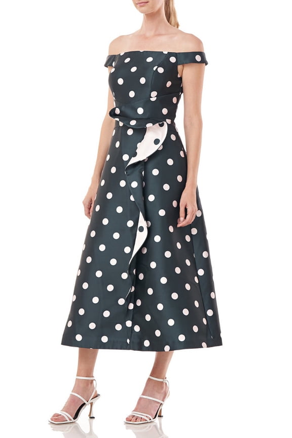 Off-Shoulder Zipper Back Ruffle Flared Tea Length Skirt Polka Dot Print Jacquard Dress with Pockets by Curated Brands