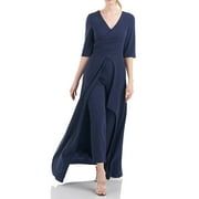 Kay Unger V-Neck 3-4 Sleeve Solid Zipper Back Full-length skirt with walk-through front cutout Crepe Jumpsuit-MIDNIGHT / 2