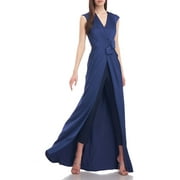 Kay Unger V-Neck Sleeveless Zipper Back Gathered Front Walk-Through Charmeuse Jumpsuit with Stretch Crepe Pant