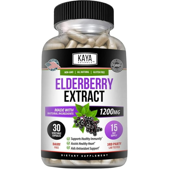 Kaya Naturals Elderberry Immune Support | Elderberry Extract, Rich Antioxidant Premium Elderberry Vitamins, 1200mg Immune System Booster Sambucus Elderberry Capsules - 30 Count
