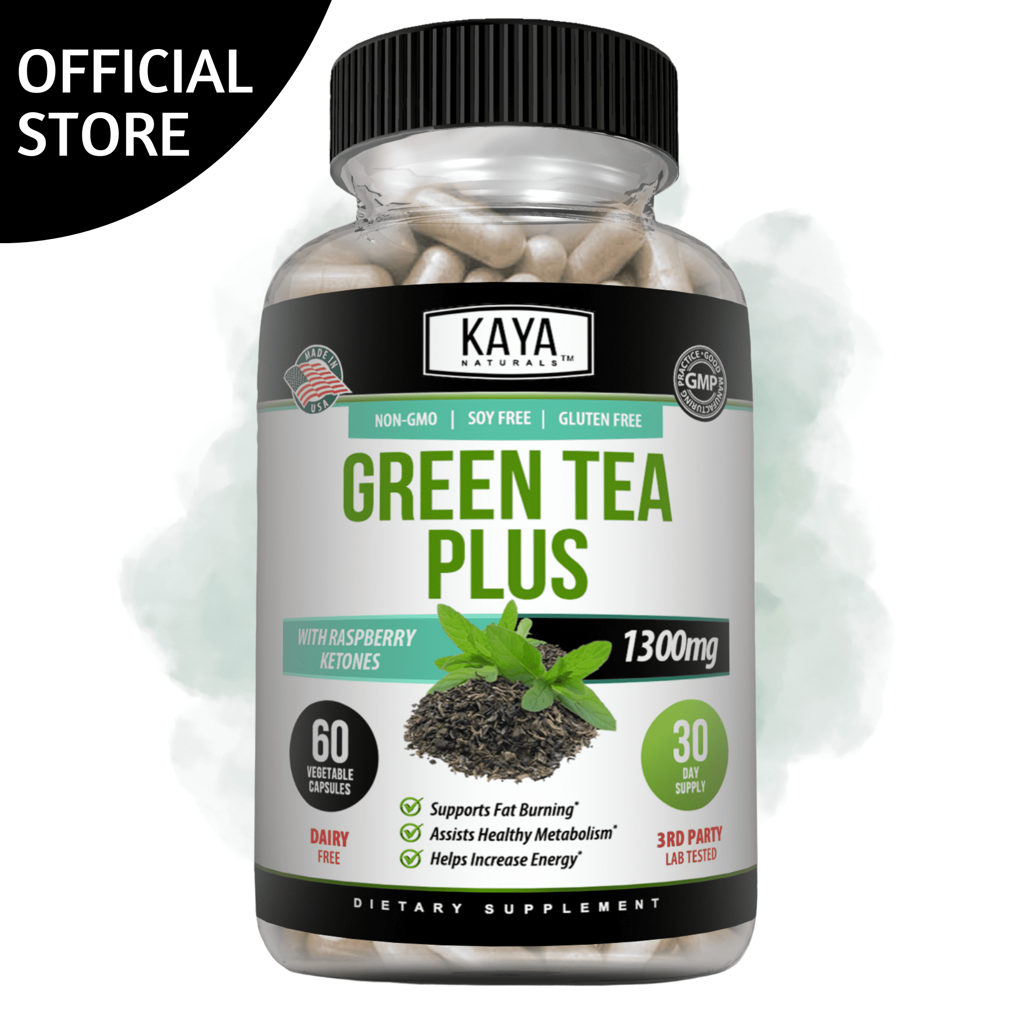 Kaya Naturals - Green Tea Plus with Raspberry Ketone 1300mg - Green Tea Pills Fat Burner Weight Loss | Supports Healthy Metabolism and Increases Energy | Green Tea Extract | 60 Count Green Tea Pills