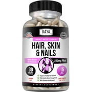 Kaya Naturals Hair Skin Nail Capsules with Biotin | Hair and Skin Vitamins, Vitamin D Vitamin B-12 A Folic Acid Support, Hair Support Vitamin Supplement for Hair Skin Nails- 30 Count Capsules