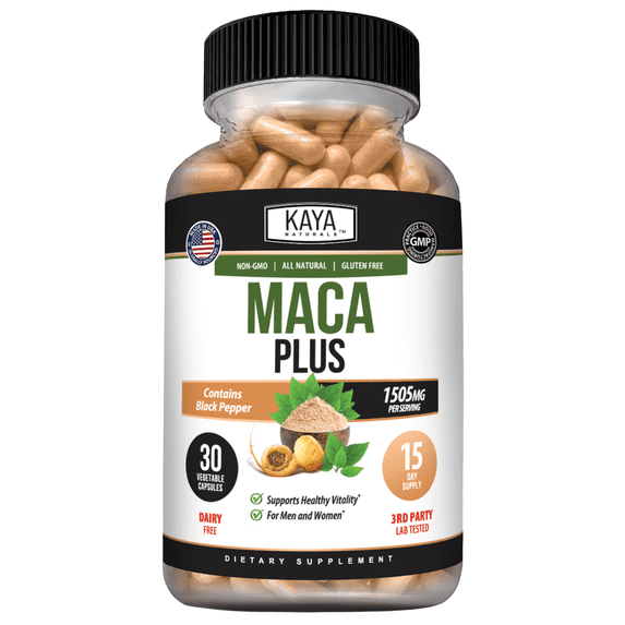 Kaya Naturals MACA Plus (30 Capsules) | Maca Root Capsules for Women and Men | Black Pepper with Red, Yellow, and Black Maca Root Powder | Natural Energy Supplement and Herbal Supplement