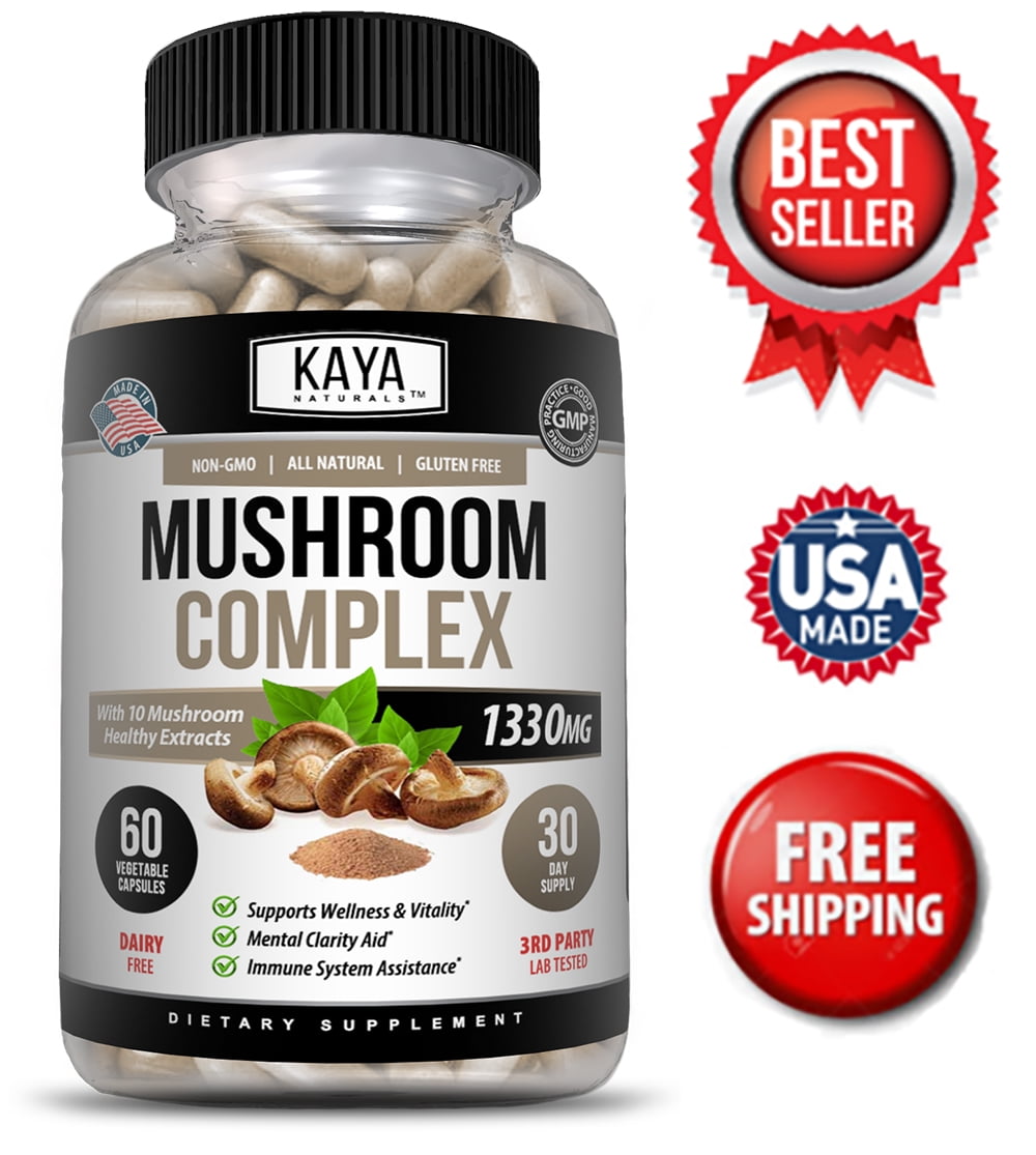 Kaya Naturals Mushroom Complex Supplement, 10 Mushroom Extracts- Lions Mane - Reishi - Shiitake