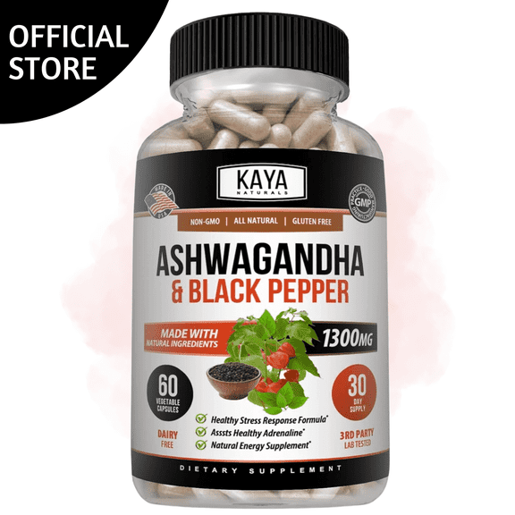 Kaya Naturals Ashwagandha Capsules Extra Strength - Stress Relief Formula, Natural Mood Support, Stress, Focus, and Energy Support Supplement, 60 Capsules