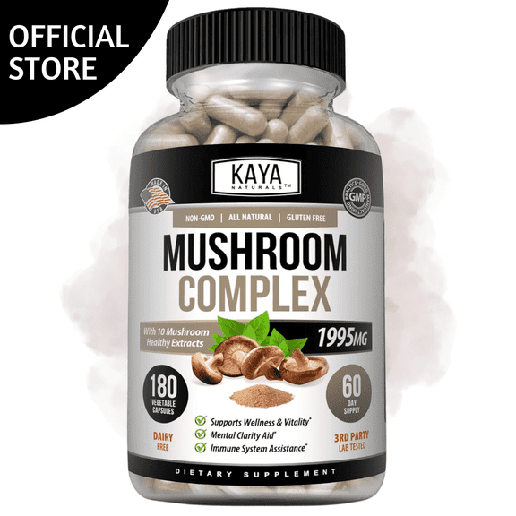 Kaya Naturals Premium Mushroom Complex Potent | Organic Mushroom Supplement| Mushroom Complex Capsules 1995mg Per Serving - Aids Mental Clarity Supports Immune System, Wellness & Vitality | 180 Count