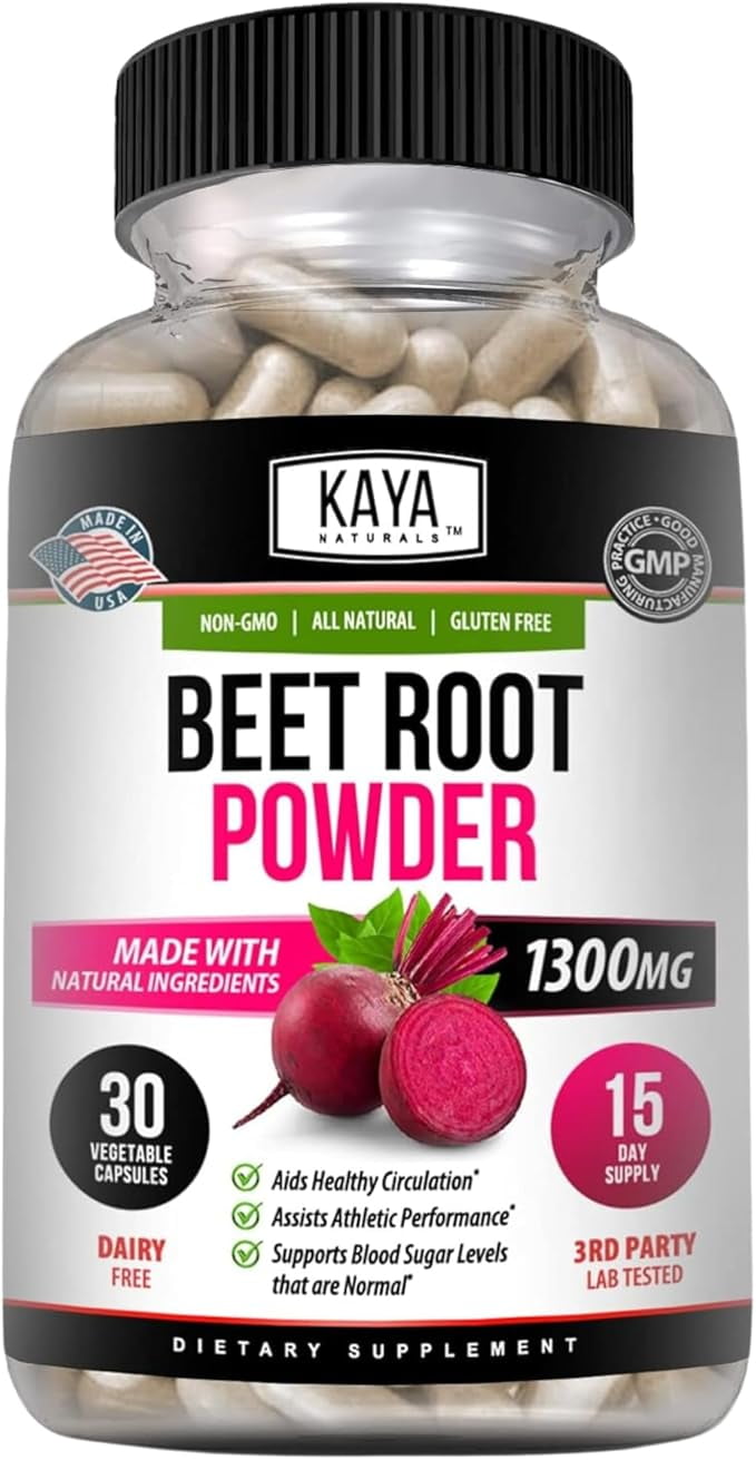 Kaya Naturals Premium Beet Root Powder Supplements - Promotes Healthy Circulation and Nitric Oxide Flow - Non-GMO and Gluten Free - 30 Count