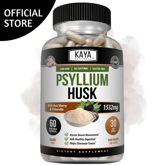 Kaya Naturals Psyllium Husk Supplement - 60 Count - Natural Fiber Source for Digestive Health Support