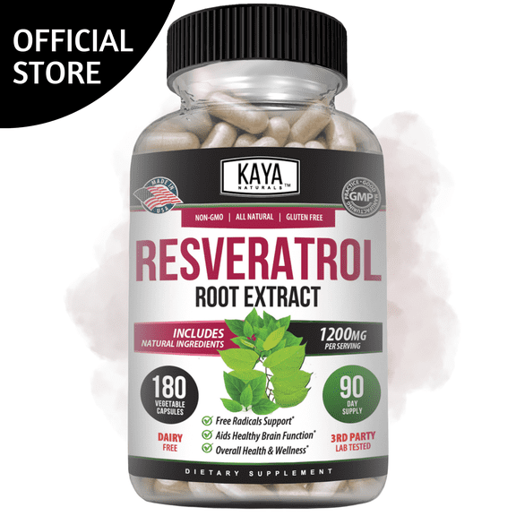 Kaya Naturals - Resveratrol Capsules - Anti Aging Supplement - Antioxidants with Brain Support - Maximum Benefits - 180 Veggies Capsules