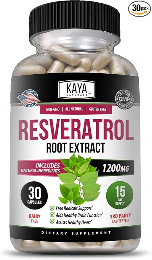 Kaya Naturals - Resveratrol Capsules - Anti Aging Supplement - Antioxidants with Brain Support - Maximum Benefits - 30 Veggies Capsules