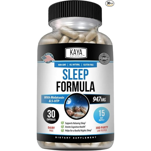 Kaya Naturals - Sleep Support Formula with Melatonin - Aid Support Vitamin Supplement - Sleep Stress and Mood Support - L-Tryptophan, Passion Flower, Ashwagandha and More (30 Count)
