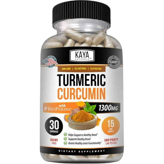 Kaya Naturals Turmeric Nature Made Bioperine, Joint Support with 95% Standardized Curcuminoids | Curcumin Nature Made - 1300mg Turmeric Capsules | Turmeric Curcumin - 30 Capsules