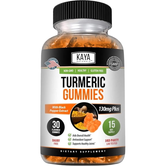 Kaya Naturals Turmeric Supplements Gummies | Pure Nature Turmeric Curcumin |Turmeric Ginger Gummies - 30 Count, Joint Support Gummy | Turmeric with Black Pepper Extract