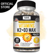 Kaya Naturals Vitamins K2 with D3 5000IU Supplement - Bone and Heart Health Supplement - Easy to Swallow Supplement - Bioperine Capsules - 60 Veggie Count