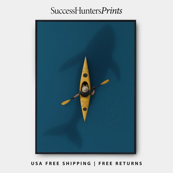 Kayak And Whale Shadow Ocean Adventure Nautical Whale Motivational Poster Unframed Paper Print