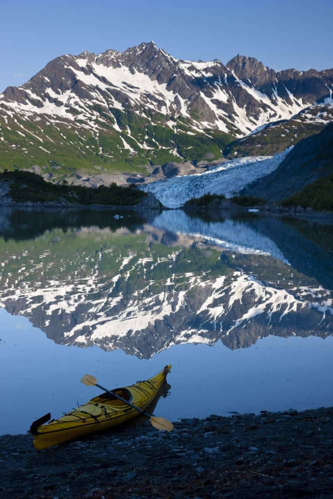 Kayak On The Beach In Shoup Bay With Shoup Glacier Reflected In The Water Prince William Sound Southcentral Alaska Canvas Art - Kevin Smith Design Pics (12 x 18)