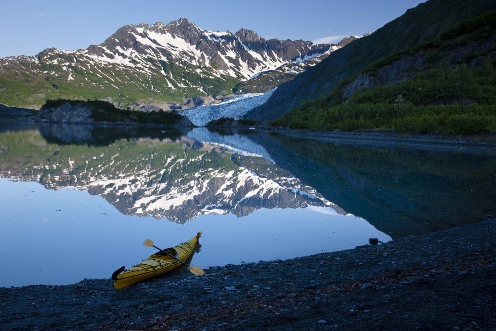 Kayak On The Beach In Shoup Bay With Shoup Glacier Reflected In The Water Prince William Sound Southcentral Alaska Canvas Art - Kevin Smith Design Pics (18 x 12)