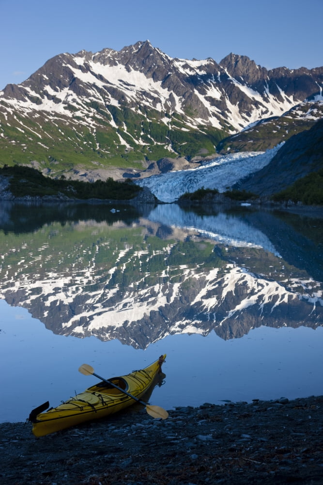Kayak On The Beach In Shoup Bay With Shoup Glacier Reflected In The Water Prince William Sound Southcentral Alaska Canvas Art - Kevin Smith Design Pics (24 x 36)