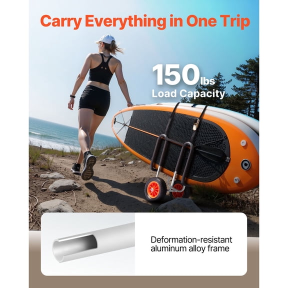 Kayak Cart,150 lbs Load Capacity,Stand Up Paddle Board Trolley with 10-"Solid Rubber Tires&Kickstands,Paddle Board Carrier with Ratchet Strap for Paddleboard&Surfboard Transport