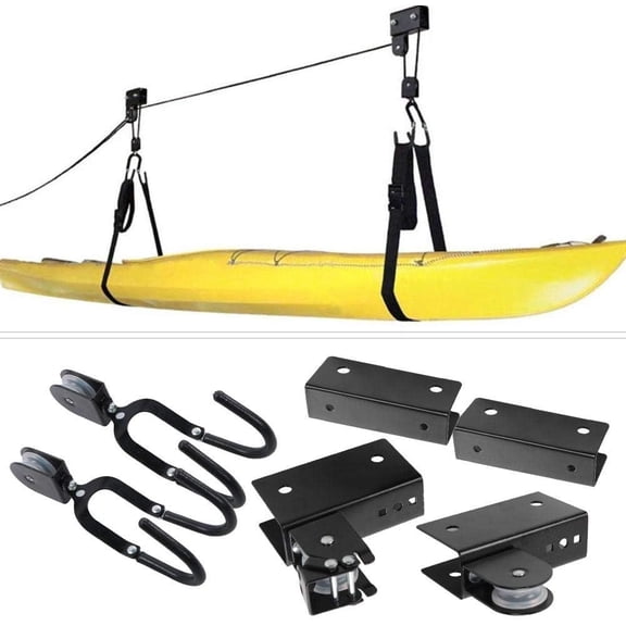 Kayak Ceiling Hoist, Kayak & Canoe Garage Storage Hoist Lift with Durable Rope, Overhead Hanging Pulley Rack with Hooks for Paddle Board,Snow Board, Surfboard, Canoe, Bike - 125lb Capacity
