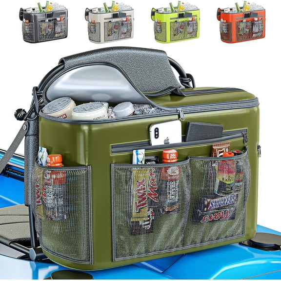 Kayak Cooler for Under-Seat Storage Waterproof Portable Ice Chest with Mesh Pockets Dark Green