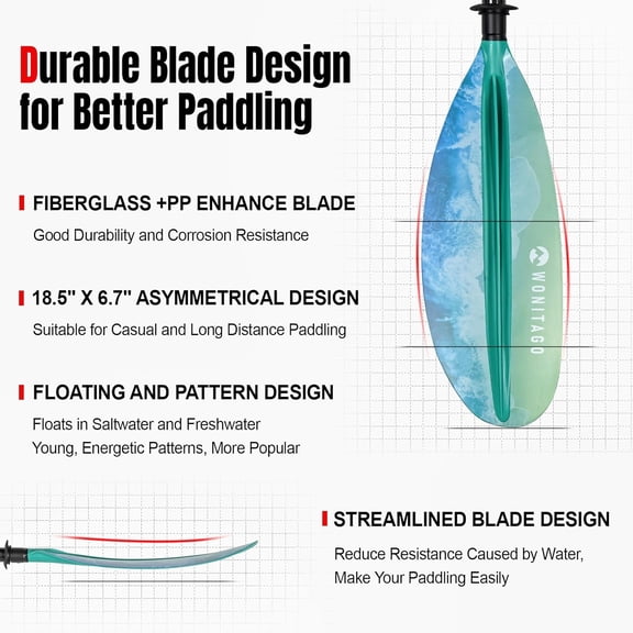 Kayak Paddles with Fiberglass Shaft and Reinforced PP Blade, Floating Adjustable Kayaking Oars, 3 Piece, 220-240 cm/86-94 Inches, 240-260 cm/94-102 Inches
